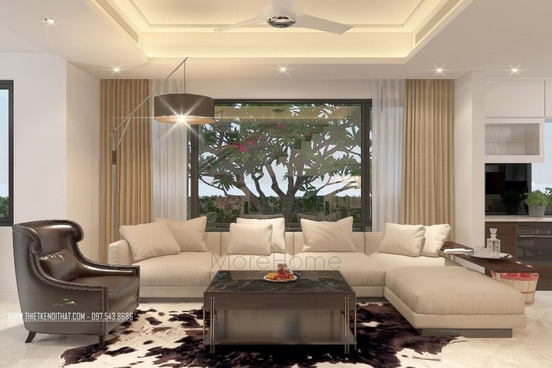Thiết kế nội thất phòng khách với tông màu trung tính thể hiện sự hiện đại và sang trọng