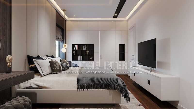 Bố trí nội thất phòng ngủ sang trọng nổi bật với tone trắng sang trọng.
