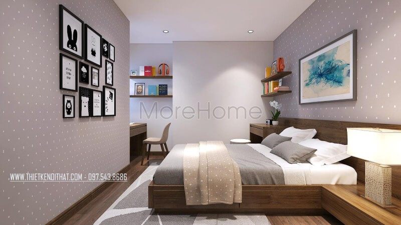 Điểm nhấn của căn phòng này mảng giấy dán tường chấm bi, thay đổi hoàn toàn những byức tường thô cứng