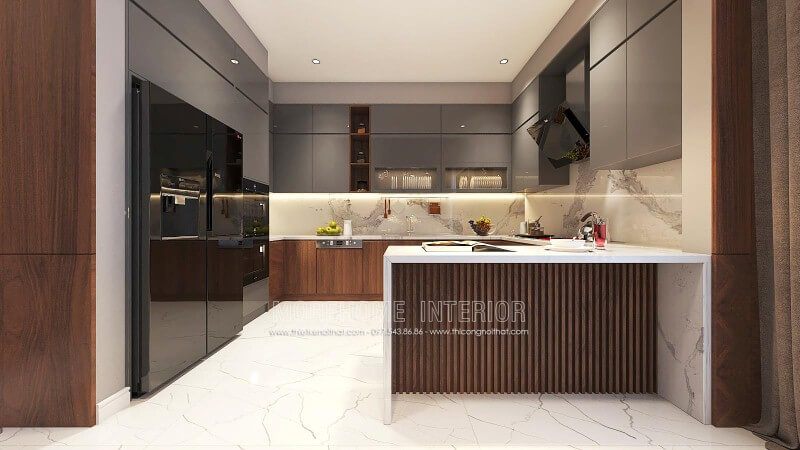 Thiết kế nội thất phòng bếp độc đáo từ gỗ laminate cao cấp kết hợp cùng đá ốp bếp sang trọng.