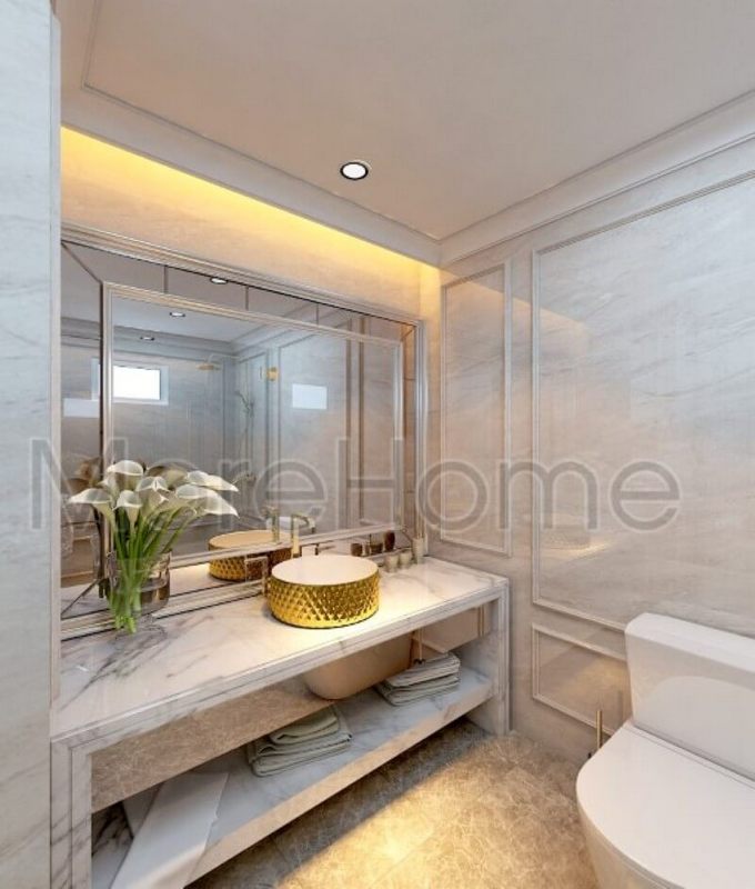 Gương chữ nhật được đặt to hết cả khoảng tường của nhà vệ sinh và nhà tắm, giúp không gian trở nên rộng hơn.